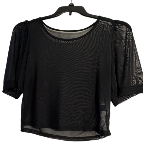 Dazy Black Sheer Mesh Blouse, Puff Sleeve Casual Chic Cropped Top Size XL - Picture 2 of 4